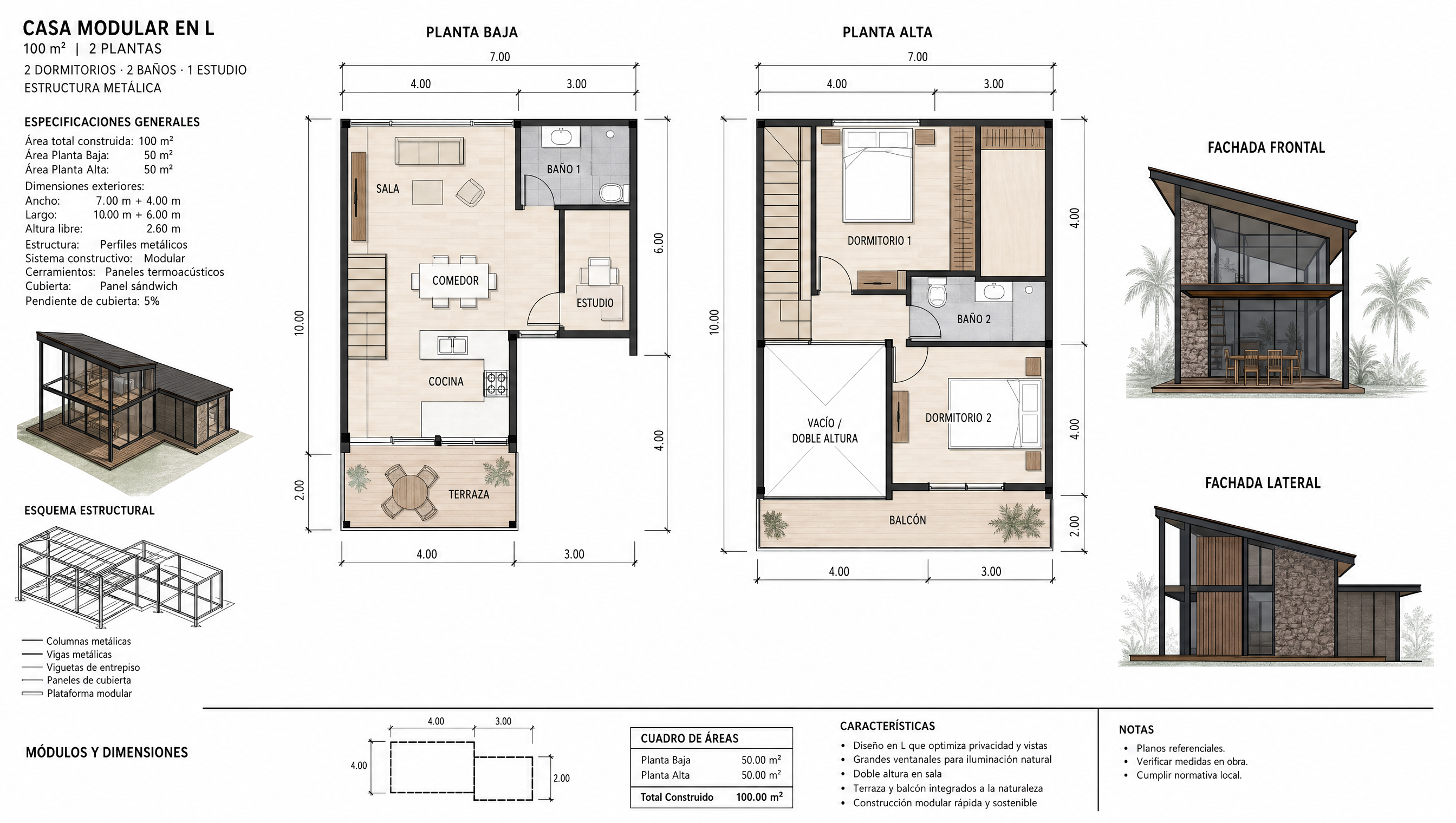 Plano arquitectonico Casa Modular 100 m2 dos plantas